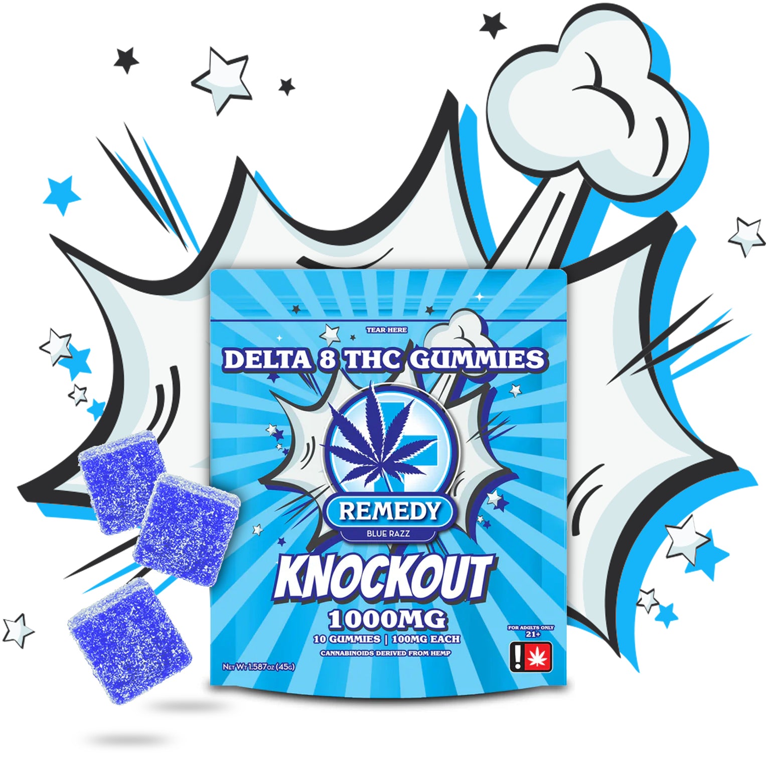 Knockout Blue Razz Gummies 1000mg/10ct - Delta 8 – Remedy Premium Hemp